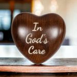 A wooden heart with the words " in god 's care ".