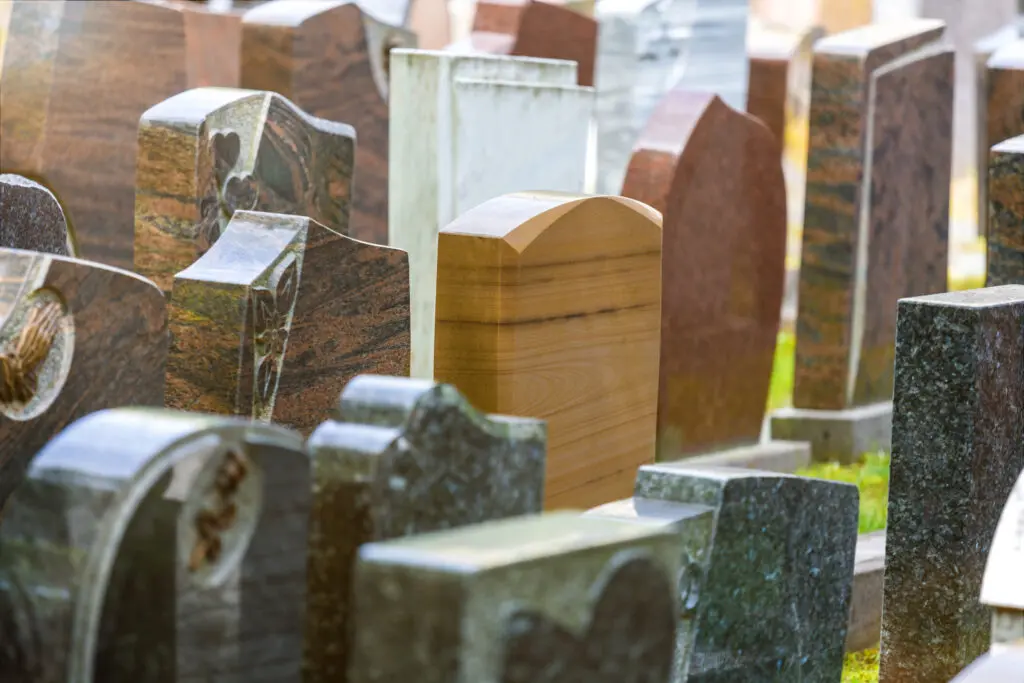 A bunch of different types of tombstones